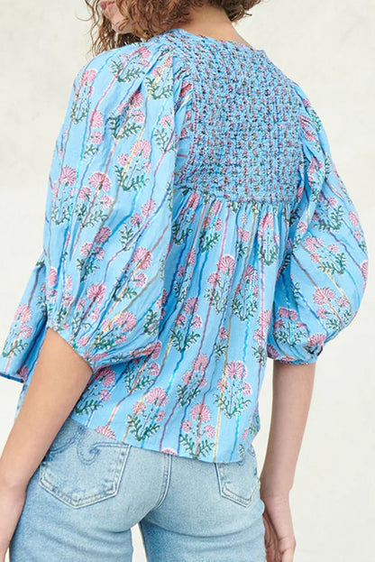 Floral Stripe Puff Sleeve Blouse