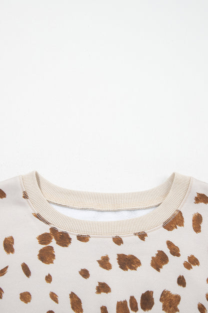 Leopard Ribbed Trim Drop Shoulder Long Sleeve Sweatshirt