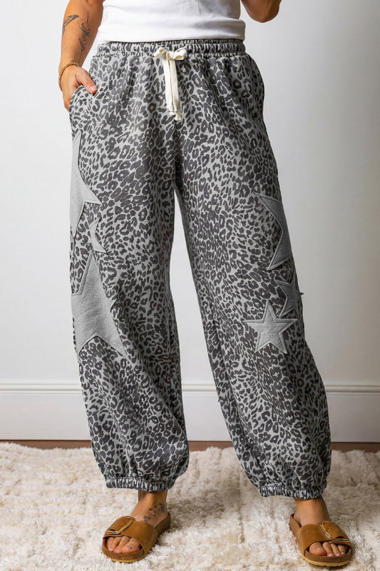 Leopard Star Patch Drawstring Jogger Pants