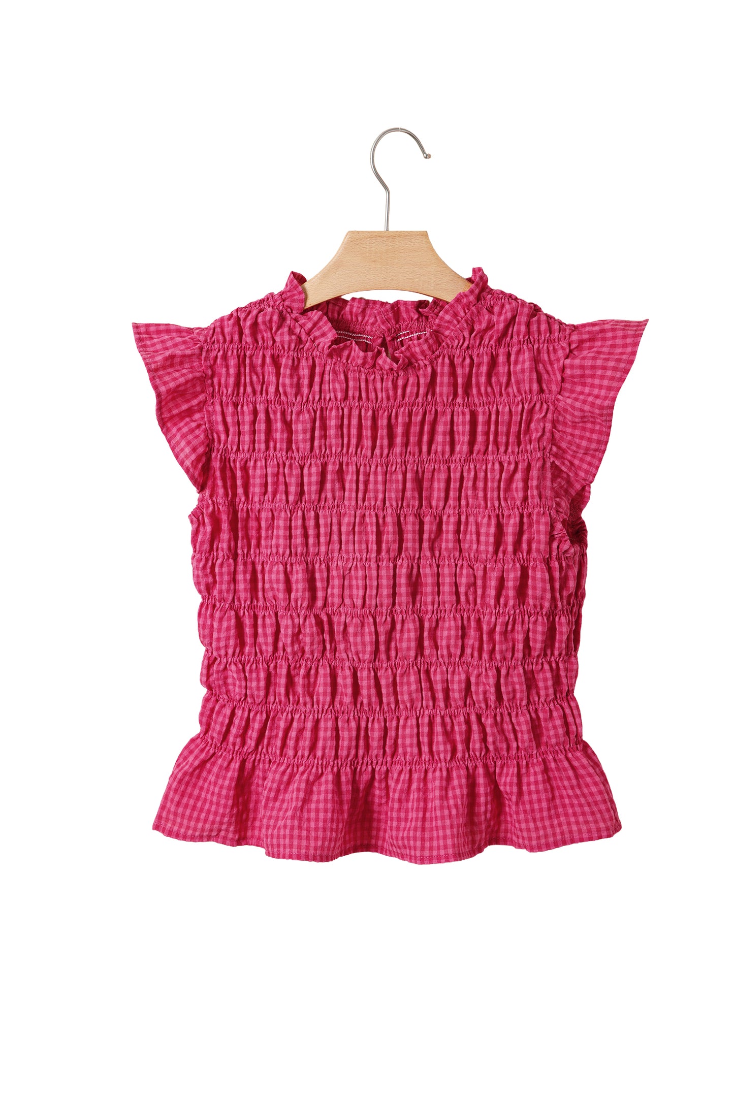 Gingham Plaid Shirred Ruffle Trim Tank Top