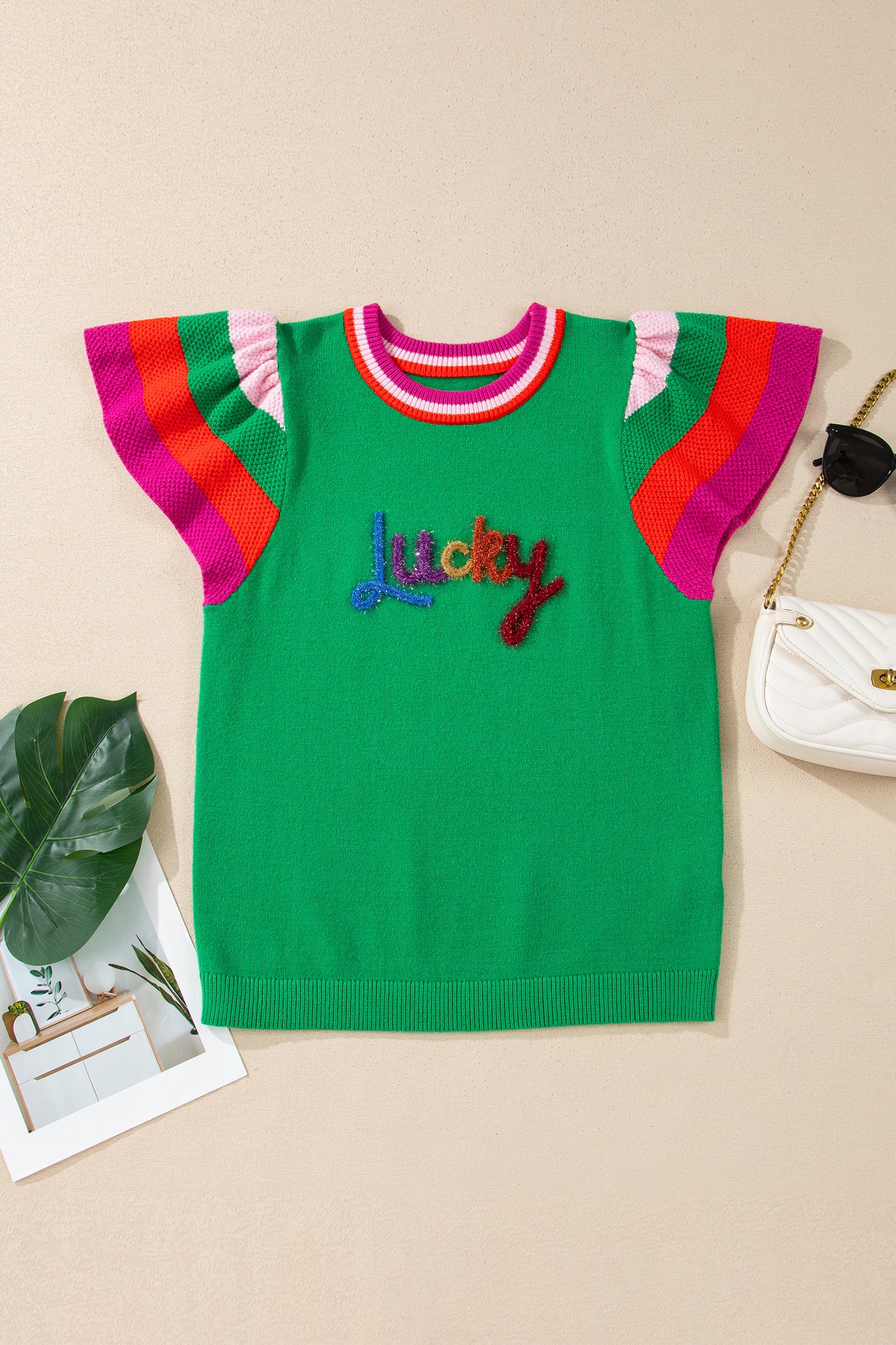 Lucky Stripe Flutter Sleeve Round Neck Sweater