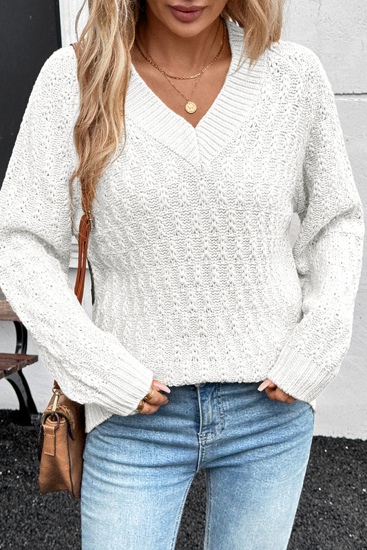 Textured Knit Ribbed Edge V-Neck Sweater