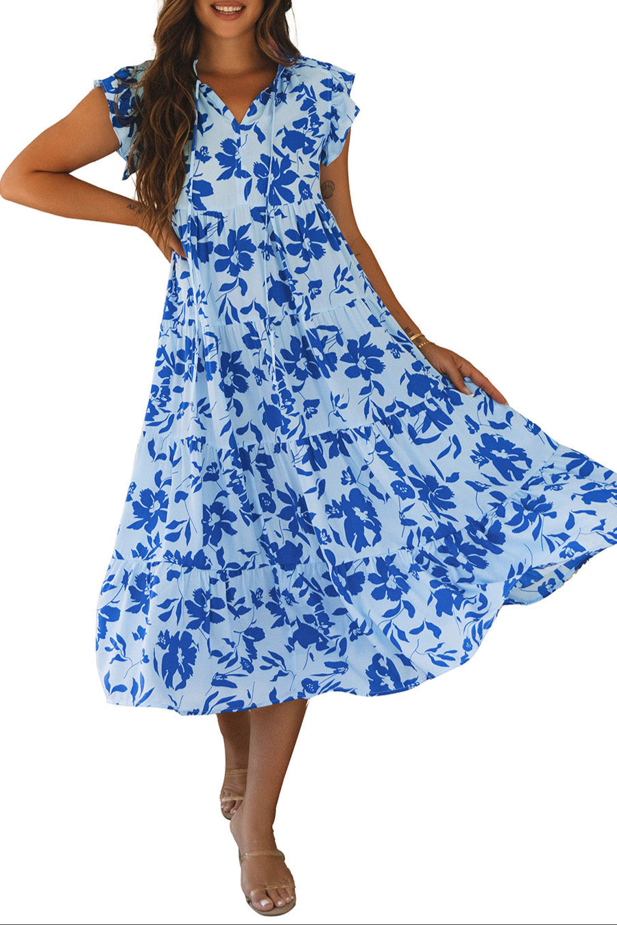 Floral Flutter Sleeve Midi Dress