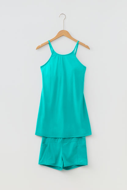 Solid Tunic Tank Dress & Shorts Athletic Set