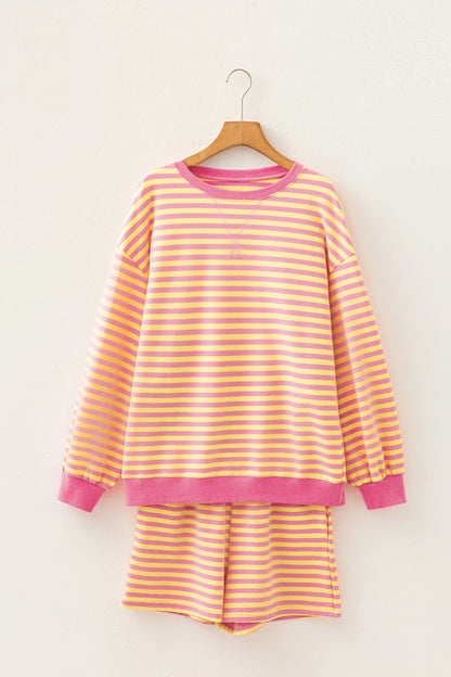 Stripe Colorblock Trim Long Sleeve Top & Shorts Set