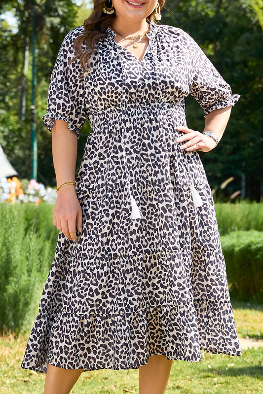 Plus Size Leopard Tassel Short Sleeve Dress