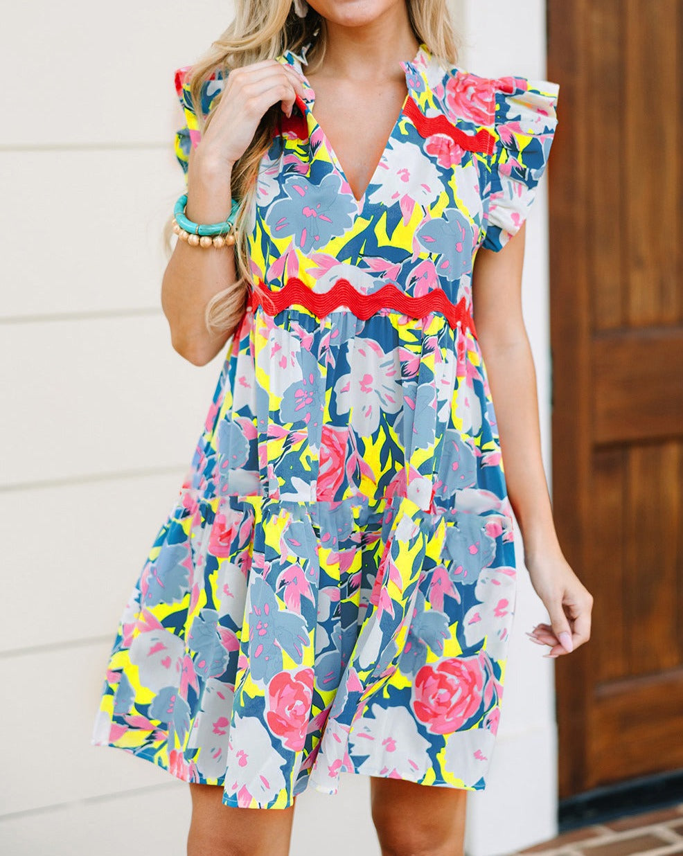 Floral Ric-Rac Flutter Sleeve Dress