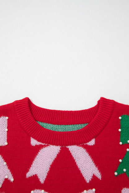 Bow Pearl Embellished Christmas Sweater