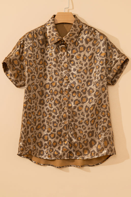 Leopard Metallic Short Sleeve Buttoned Shirt