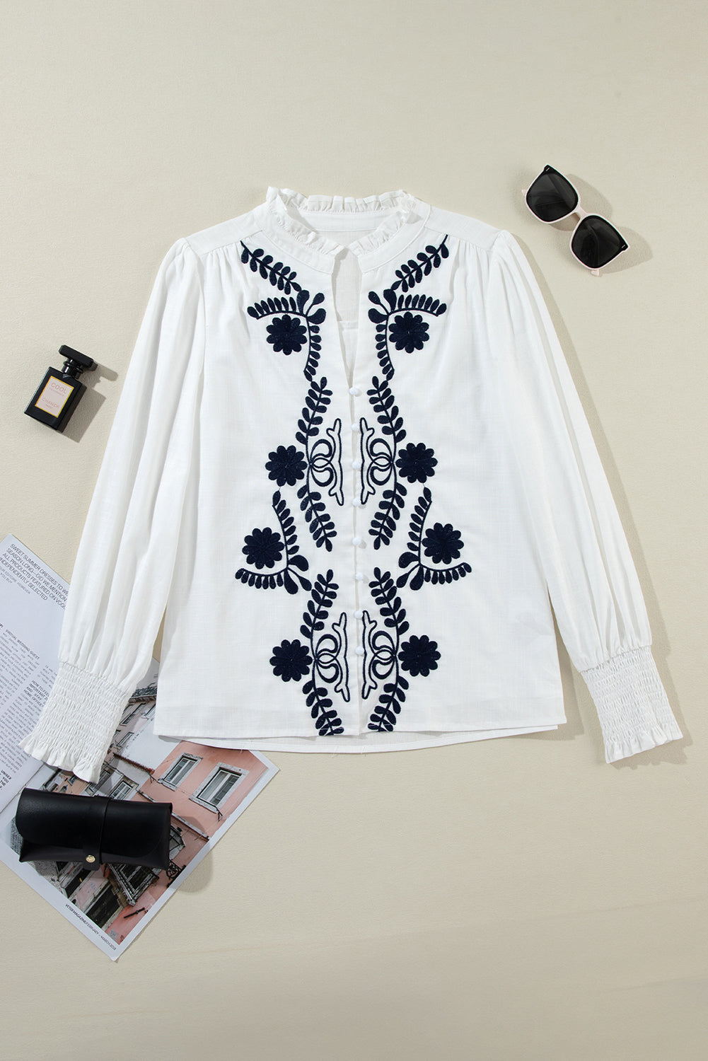 Floral Shirred Long Sleeve Shirt