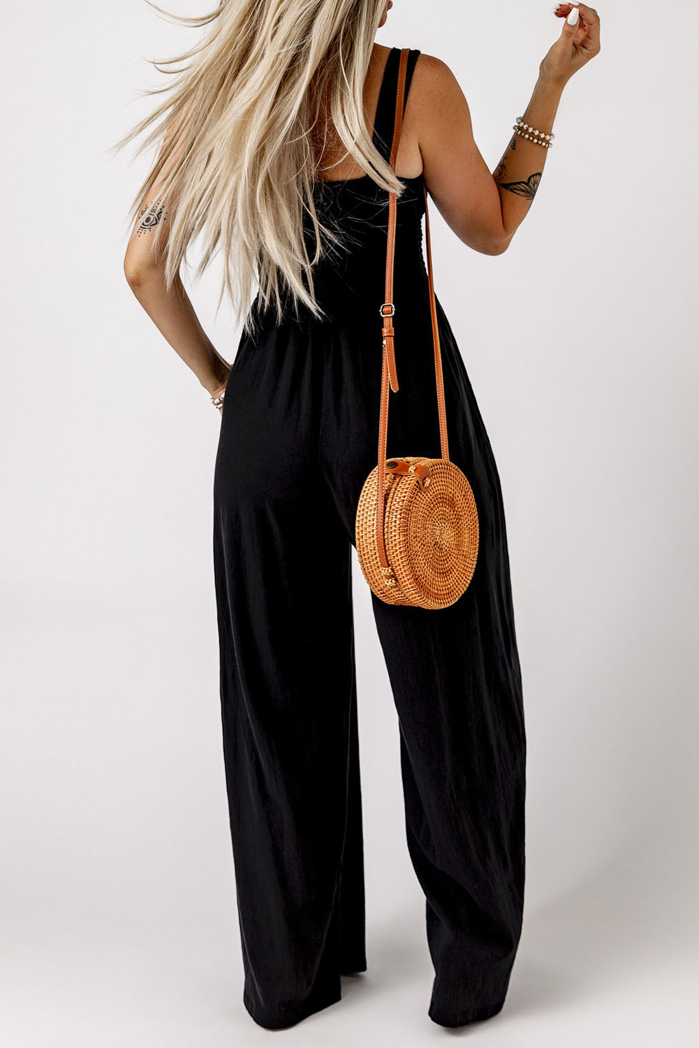 Smocked Pocketed Wide Leg Jumpsuit