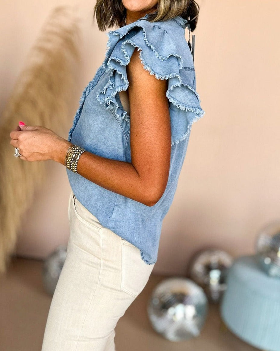 Denim Frayed Ruffle Sleeve Top Plus Size