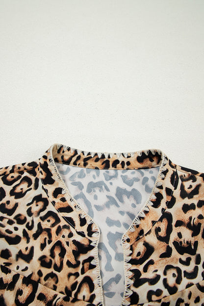 Plus Size Leopard Embroidered Ruffle Short Sleeve Blouse