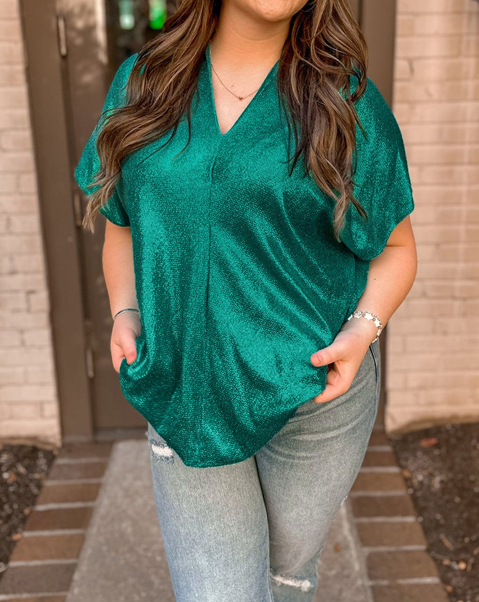 Metallic Short Sleeve V-Neck Tee Plus Size