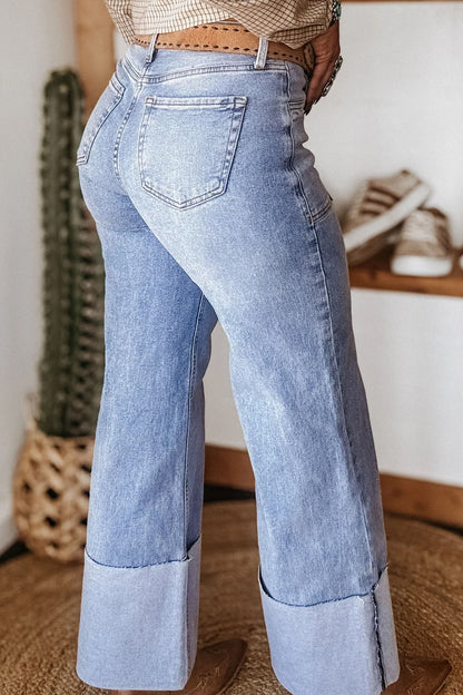 Denim Turn-Up Cuffs Wide Leg Jeans