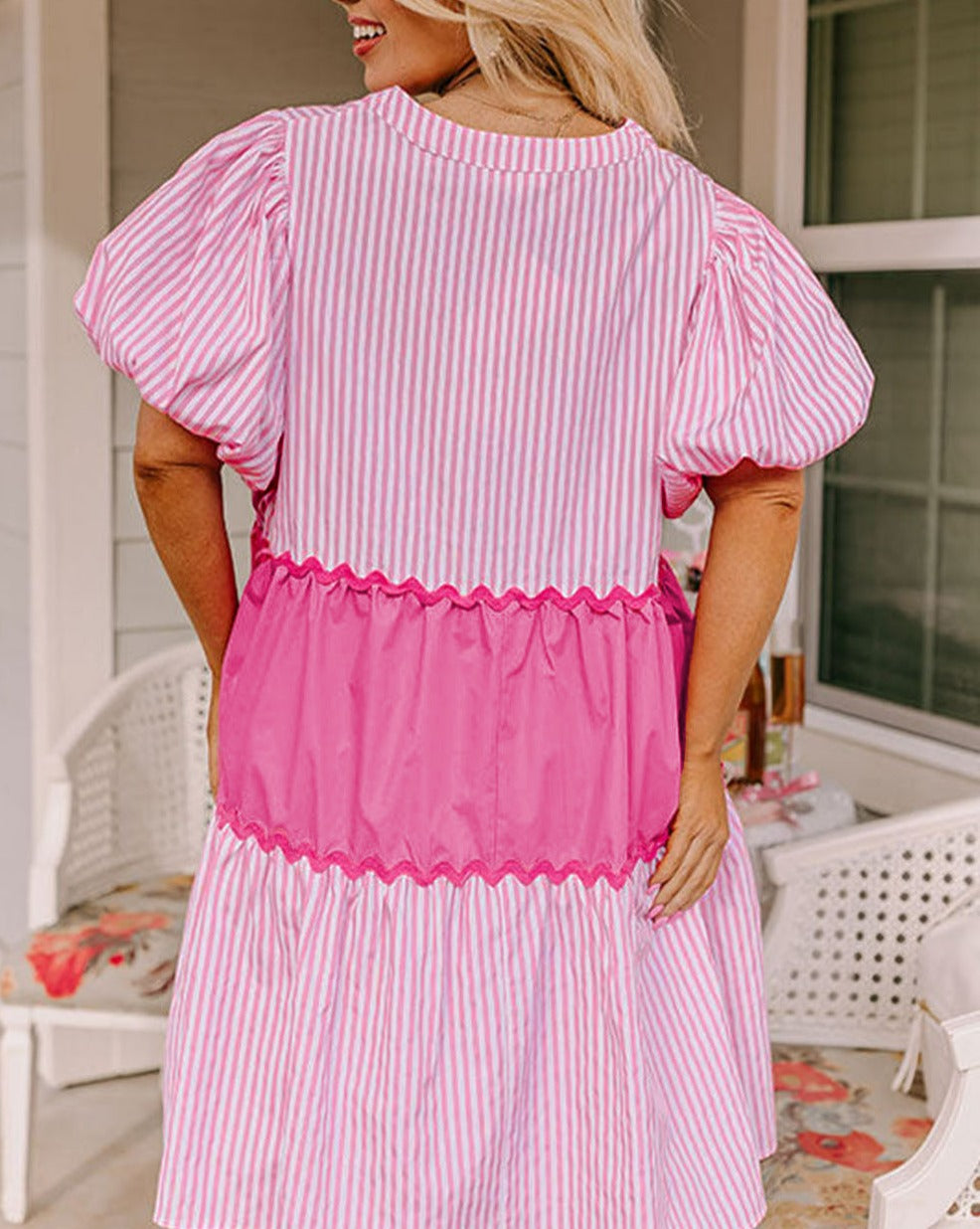 Stripe Ric-Rac Puff Sleeve Dress Plus Size