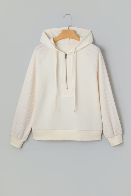 Solid Half-Zip Textured Patchwork Sleeve Hoodie