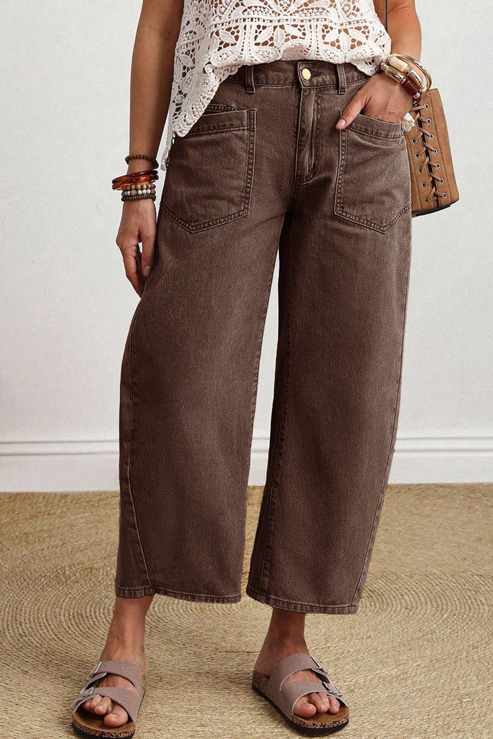 Solid Denim Patch Pocket Barrel Leg Jeans