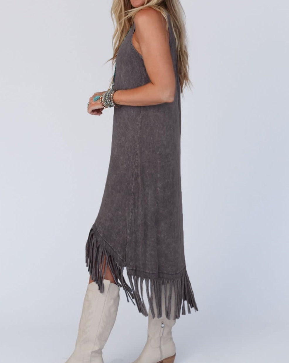 Fringe Hem Sleeveless Midi Dress