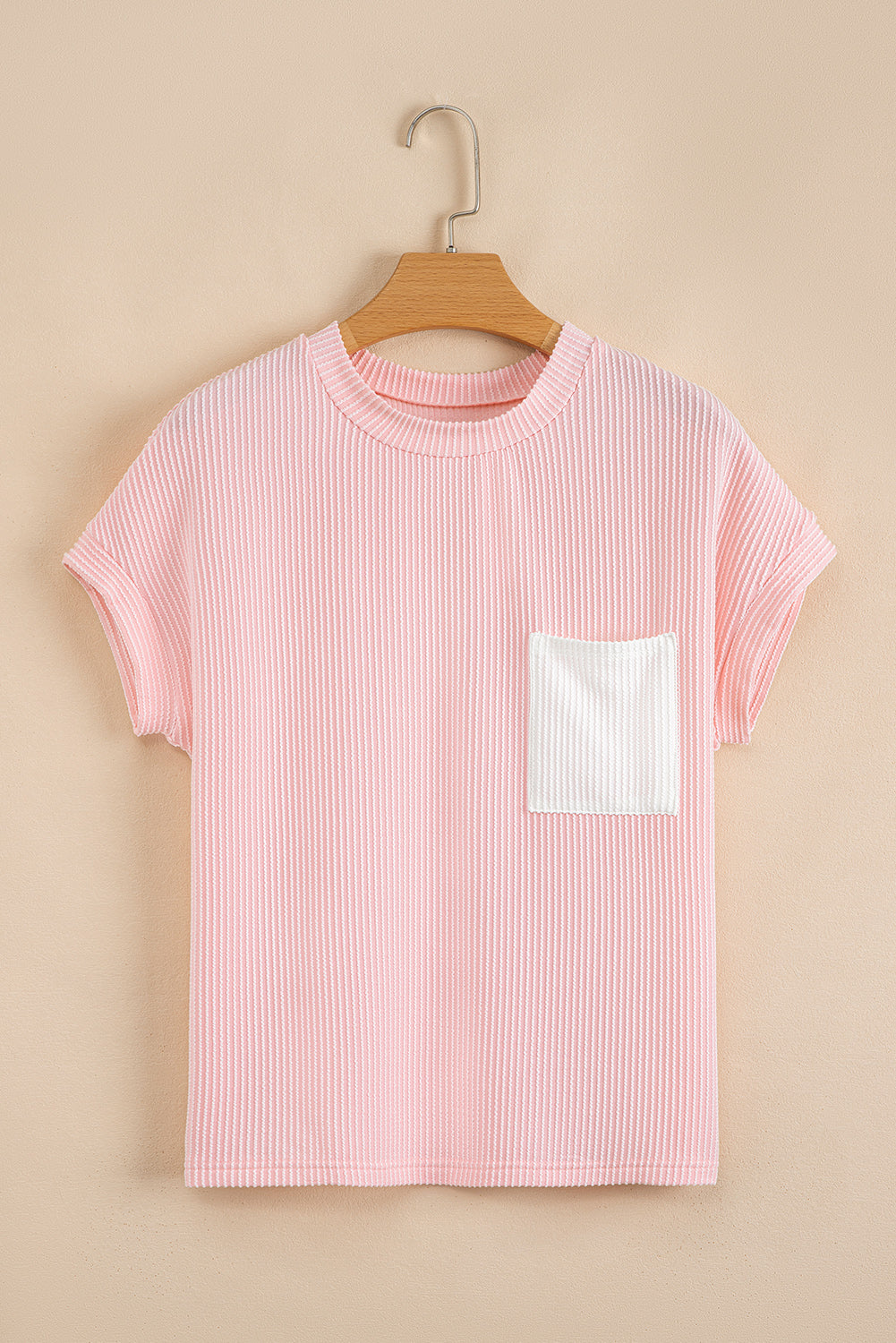 Colorblock Corded Knit Pocketed Crew Neck T-Shirt