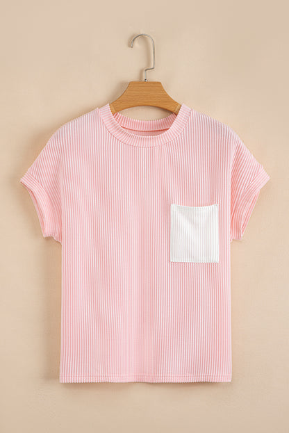 Colorblock Corded Knit Pocketed Crew Neck T-Shirt