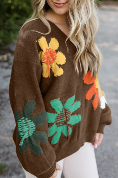 Floral V-Neck Drop Shoulder Sweater