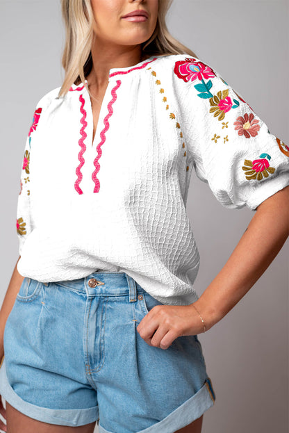 Floral Embroidered Puff Sleeve Blouse