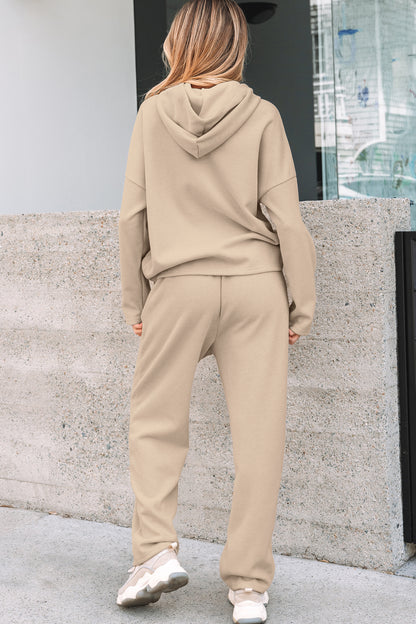 Solid Corduroy Lace Hoodie and Pants Set
