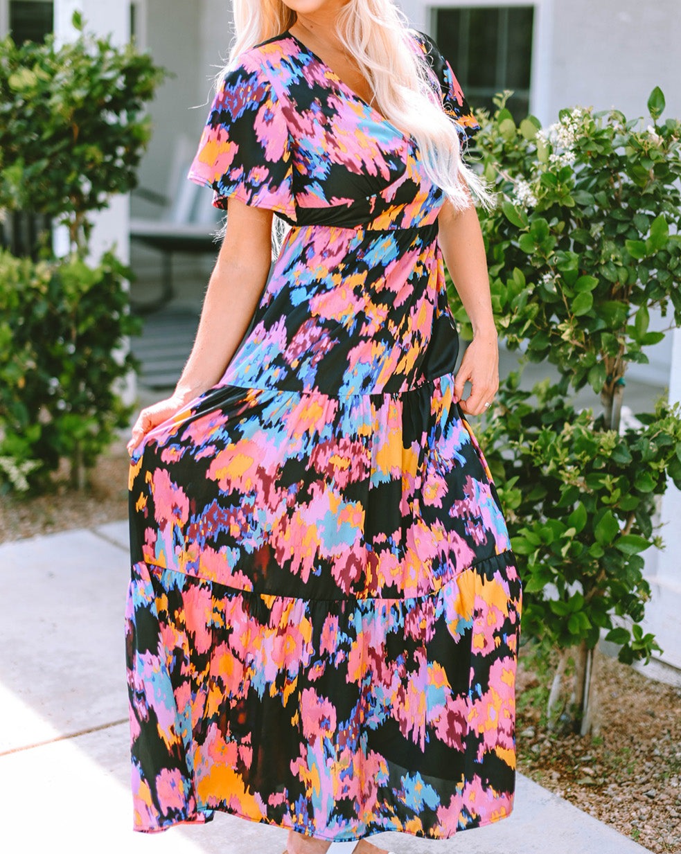 Abstract Floral Tiered Maxi Dress