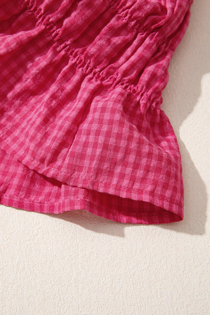 Gingham Plaid Shirred Ruffle Trim Tank Top