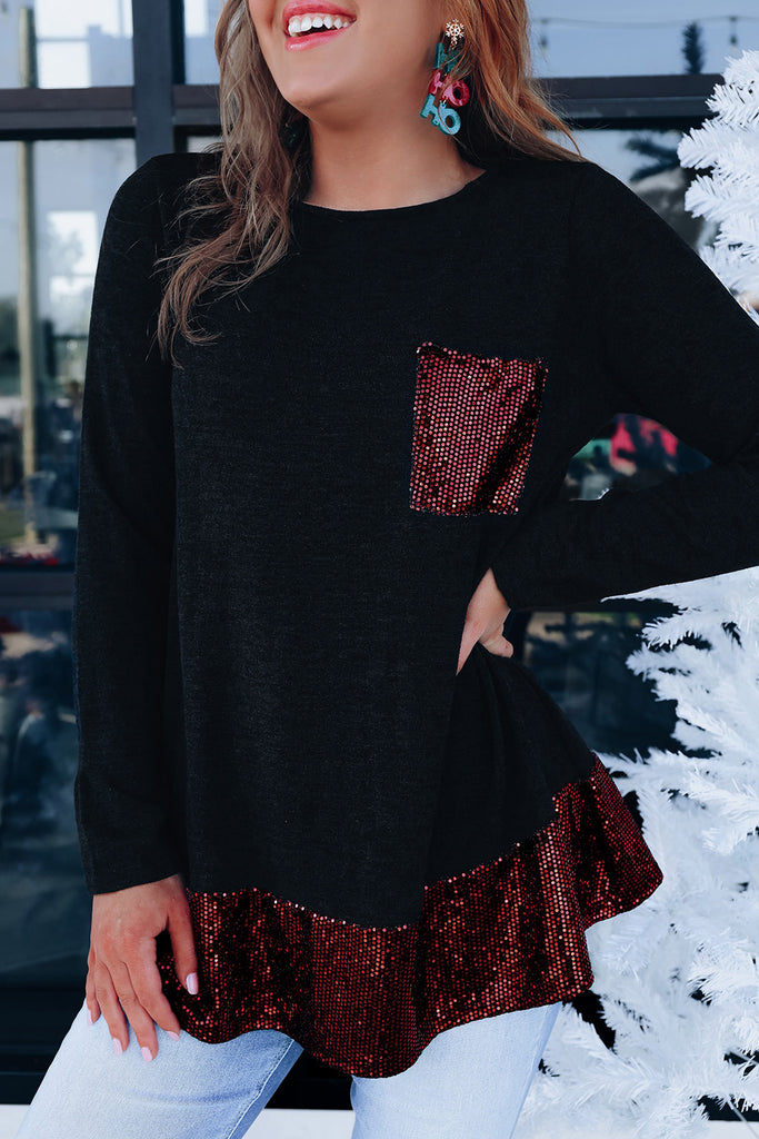 Sequin Patch Pocket Ruffle Top