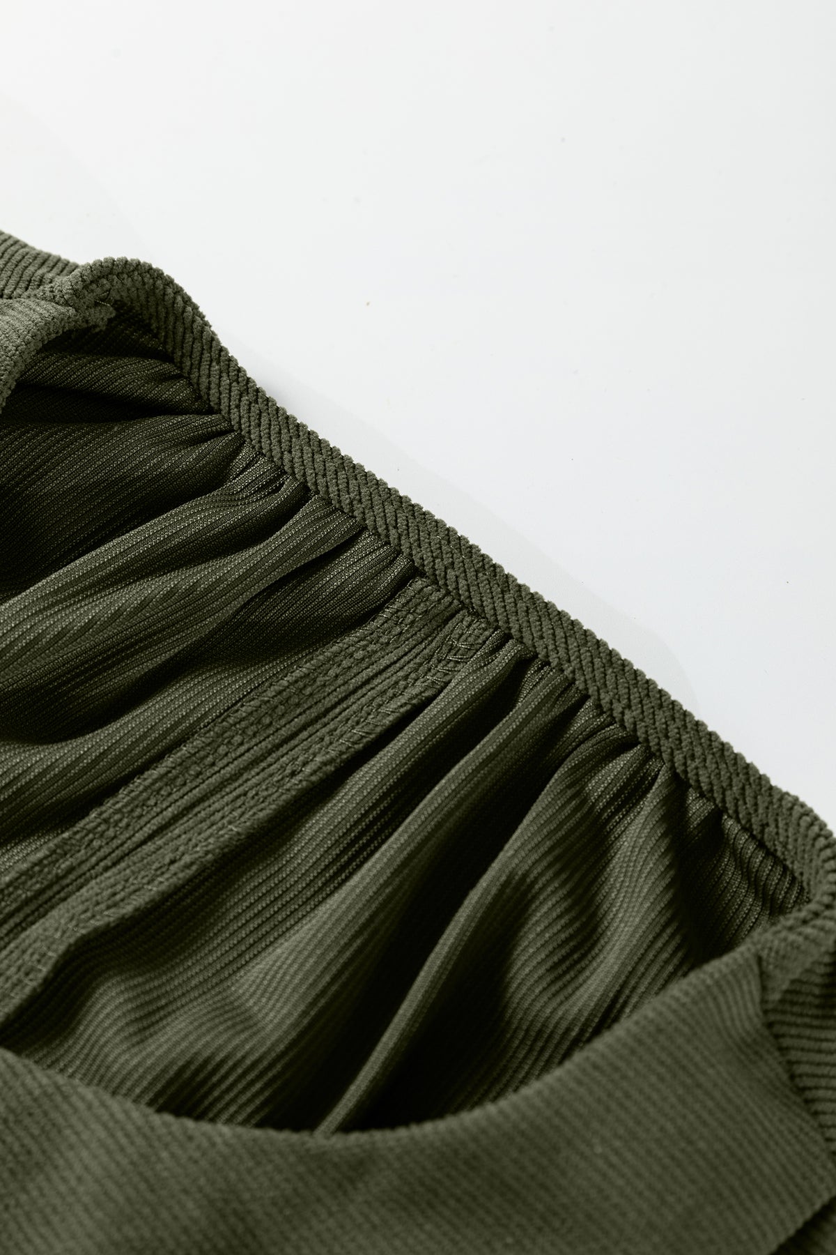 Moss Green Bracelet Sleeve Split Neck Scallop Detail Pleated Corduroy Mini Dress