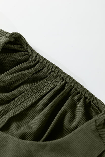 Moss Green Bracelet Sleeve Split Neck Scallop Detail Pleated Corduroy Mini Dress