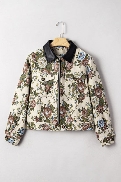 Floral Zip-Up Contrast Collared Jacket