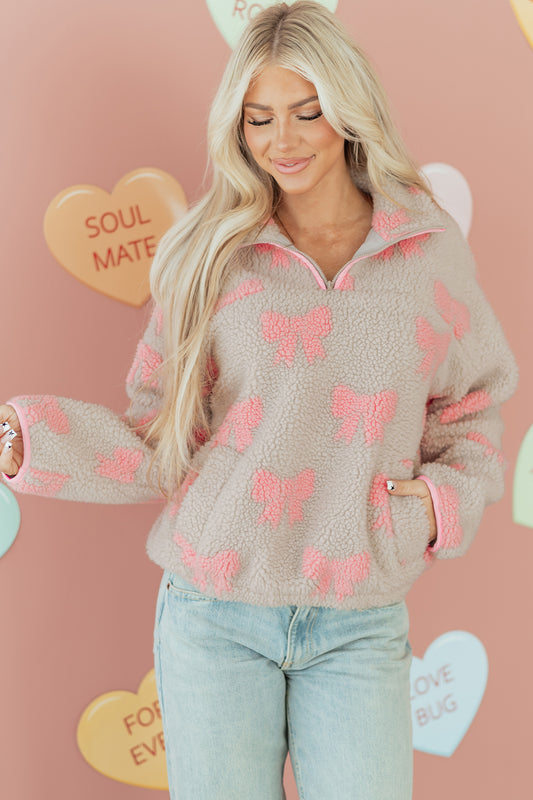 Valentine Bow Sherpa Quarter Zip Sweatshirt