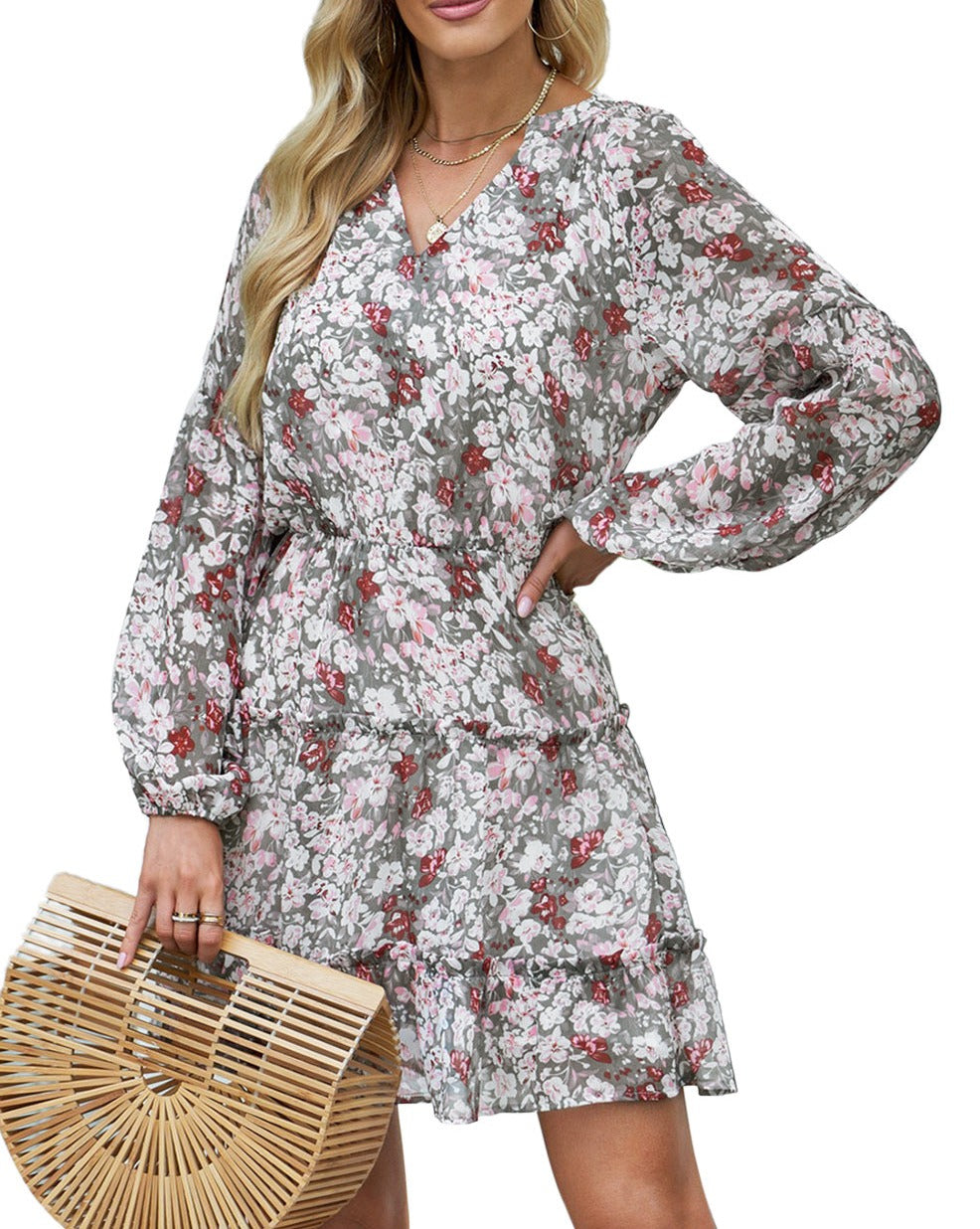 Floral Puff Sleeve Tiered Dress