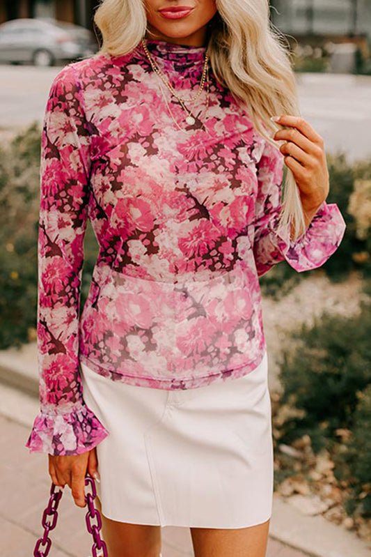 Floral Mesh Mock Neck Blouse