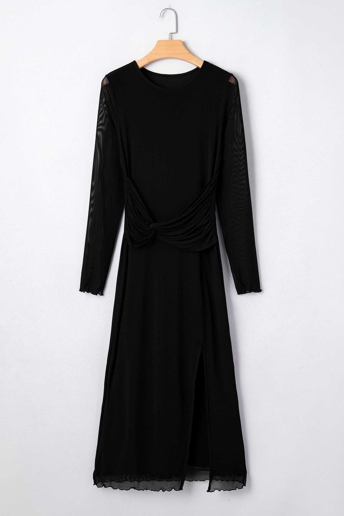 Solid Mesh Knotted Waist Side Slit Midi Dress