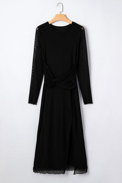 Solid Mesh Knotted Waist Side Slit Midi Dress