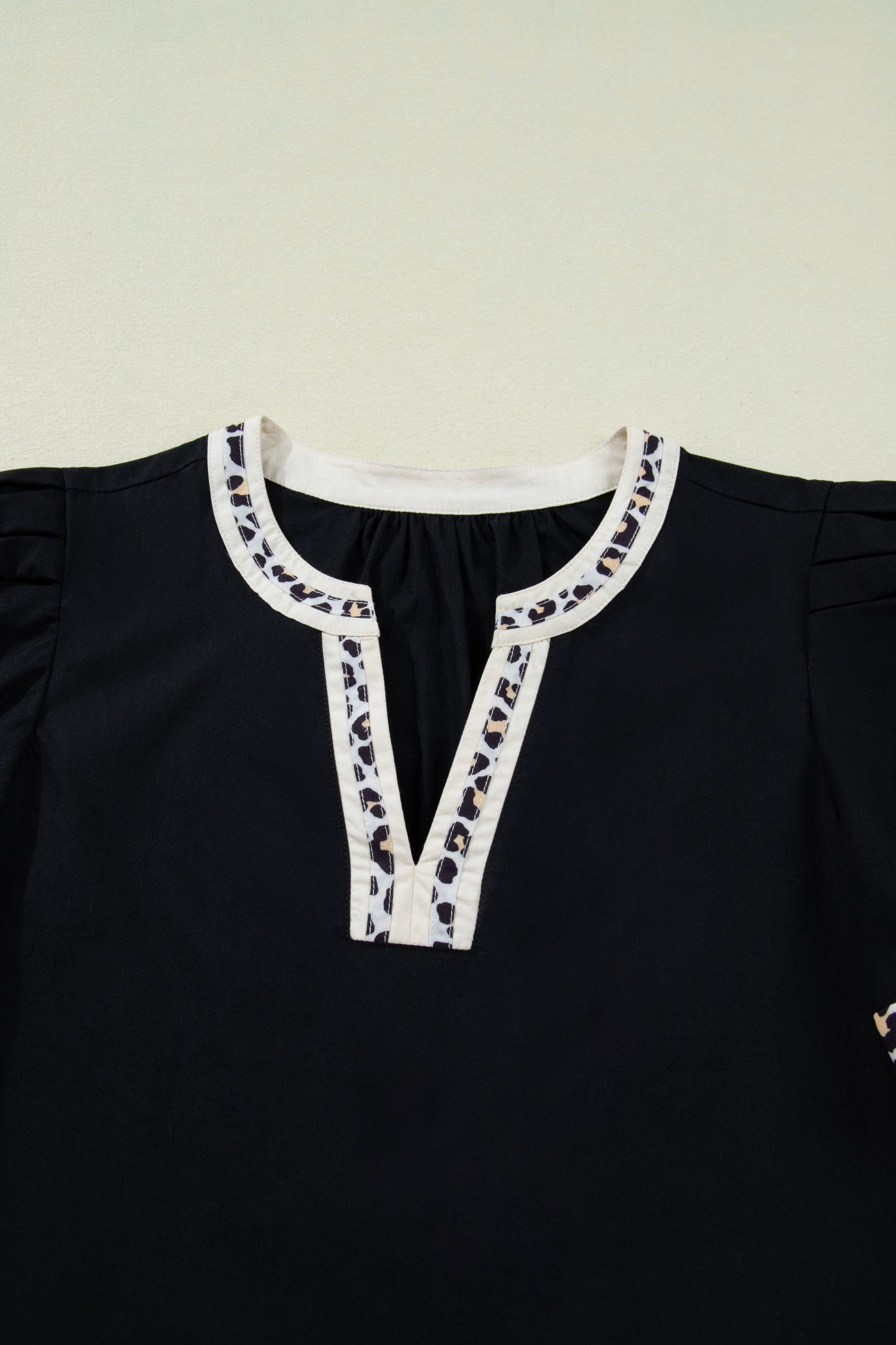 Leopard Trim Short Puff Sleeve Mini Dress