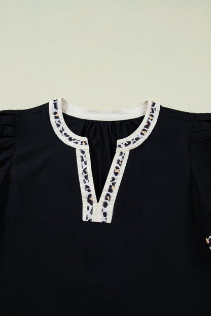 Leopard Trim Short Puff Sleeve Mini Dress