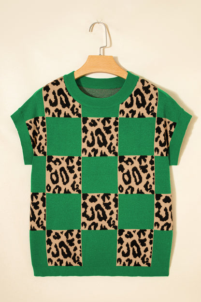Leopard Checker Short Sleeve Knit Sweater