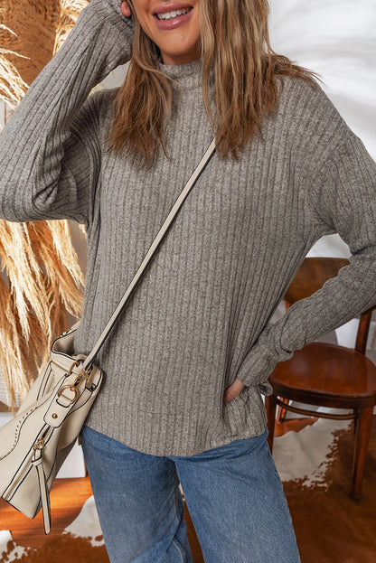 Solid Ribbed Knit Mock Neck Pullover Top