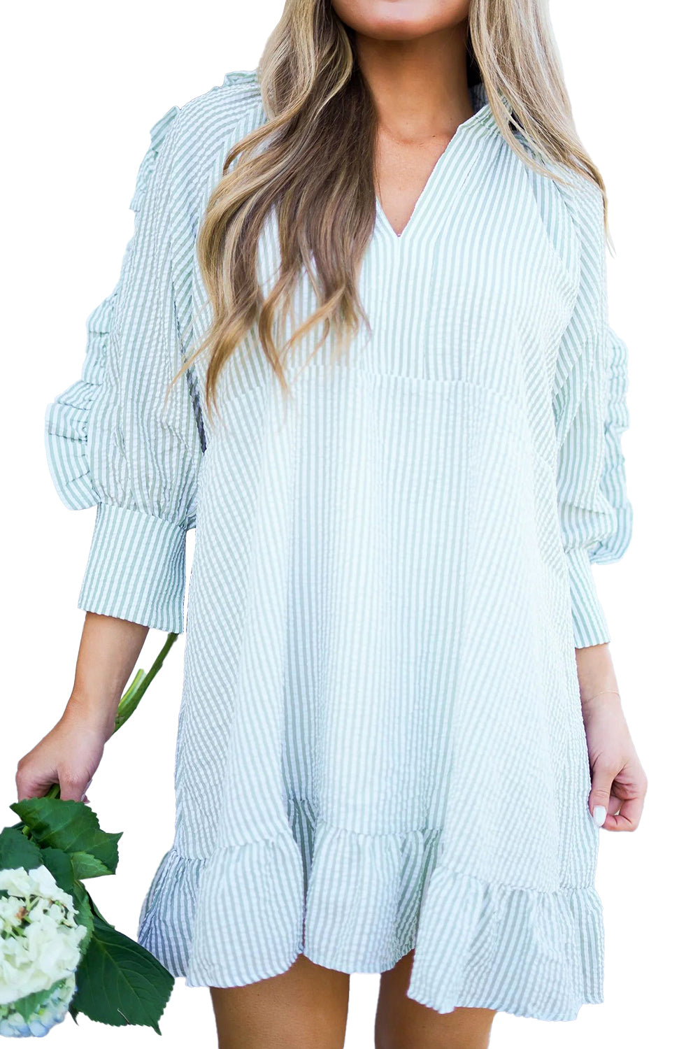 Stripe Ruffle 3/4 Sleeve Mini Dress