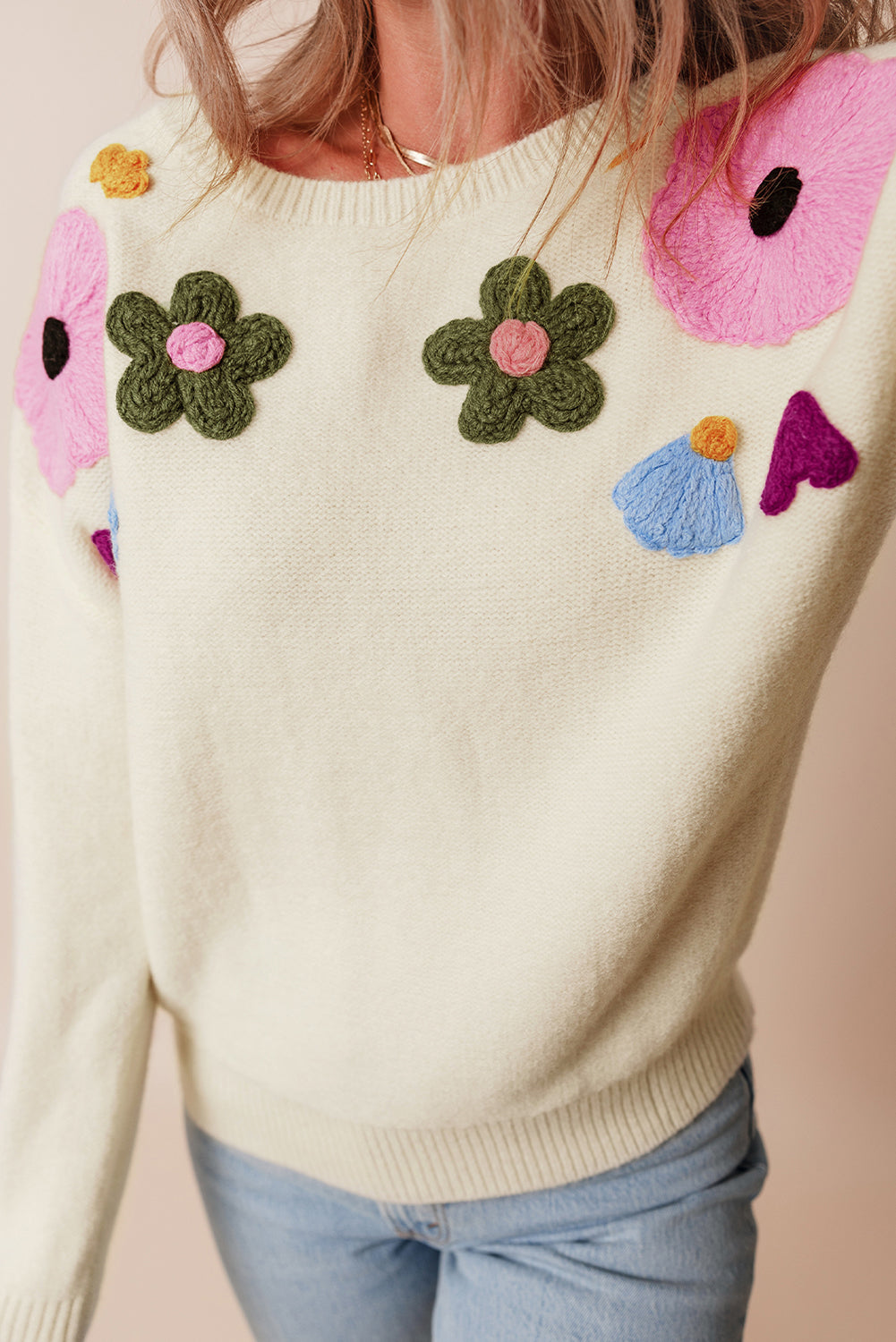 Floral Ribbed Trim Crewneck Sweater