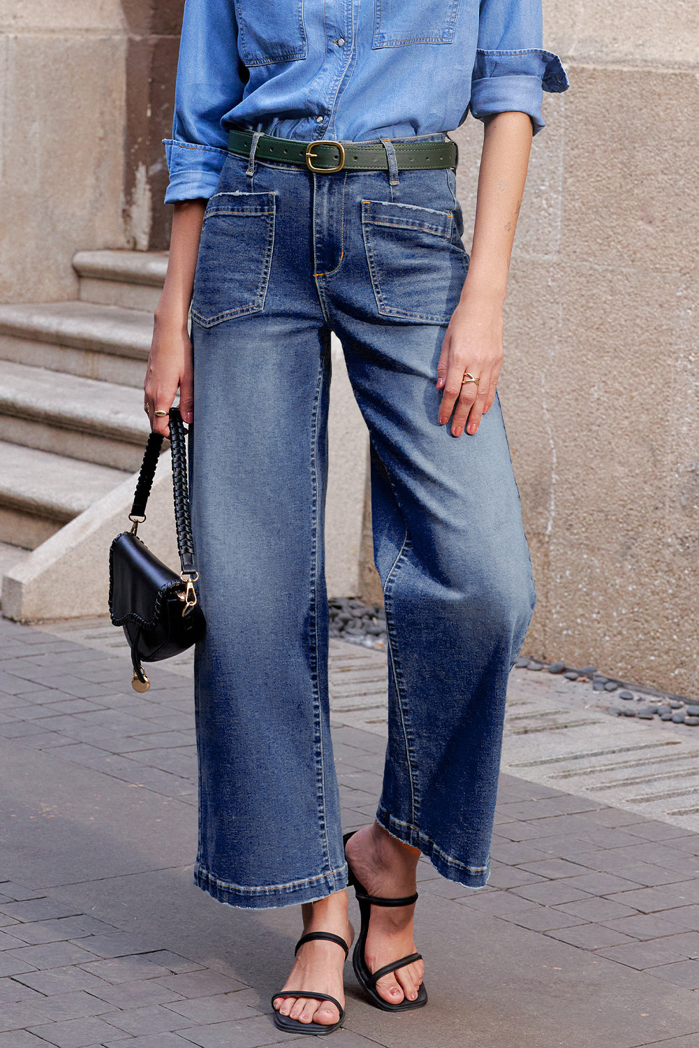 Denim High Waist Patch Pocket Straight Leg Jeans