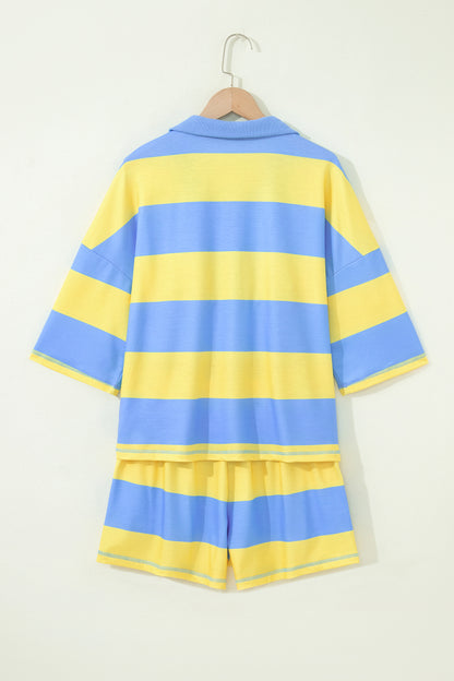 Stripe Half Zip Tee & Elastic Shorts Set