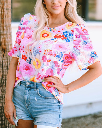 Floral Ruched Puff Sleeve Blouse