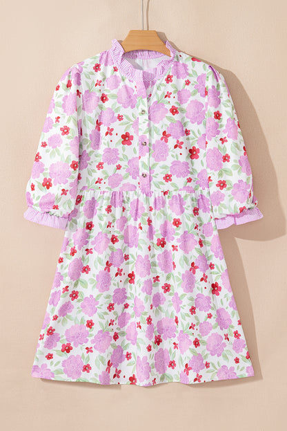 Floral Stripe Trim Frilled Neck 3/4 Sleeve Dress