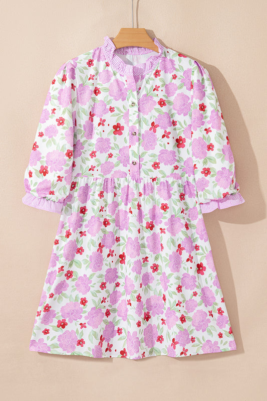 Floral Stripe Trim Frilled Neck 3/4 Sleeve Dress